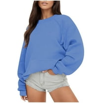 Sweatshirts for Women Crew Neck Blue Long Sleeve Hoodless Casual Loose Blouse 2025 Fall Fashion Outfits Clothes