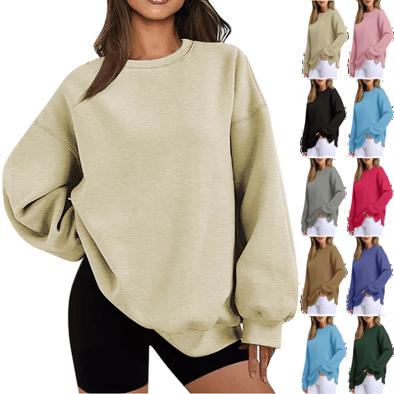 Sweatshirts for Women Crew Neck Khaki Long Sleeved Casual Solid Color Embroidered With Collar 2025 Fall Fashion Outfits Clothes