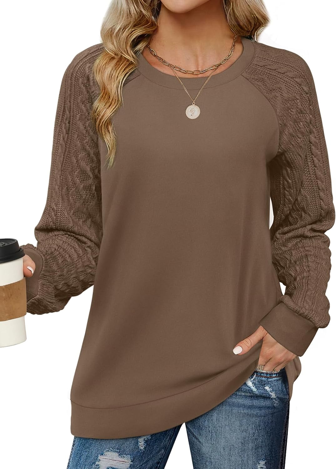 Sweatshirts for Women Crewneck Cable Knit Sleeve Sweaters Lightweight