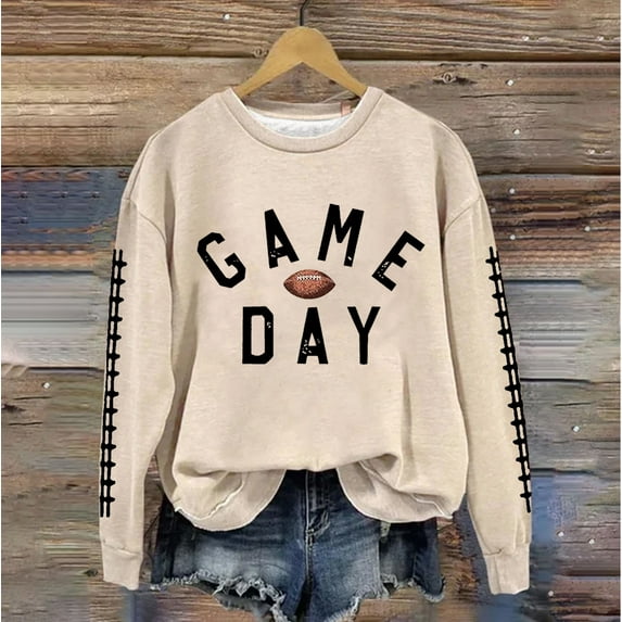Sweatshirts for Women Crewneck Long Sleeve Game Day Football Graphic Shirts Casual Football Season Pullover Tops Beige XL