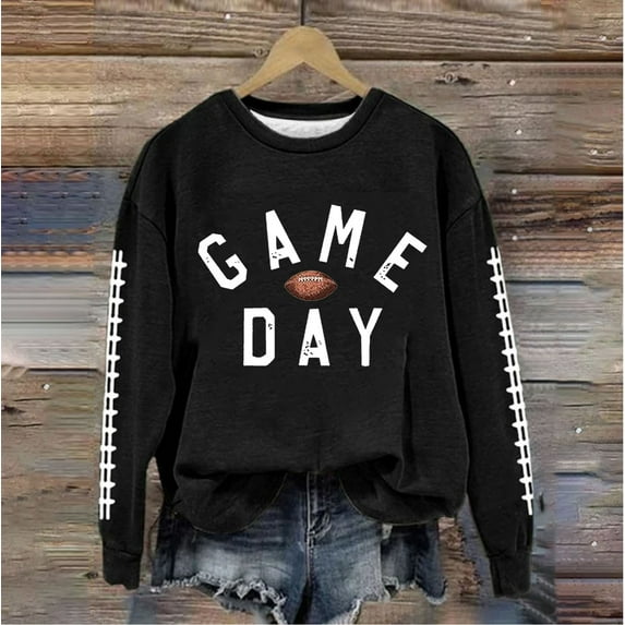 Sweatshirts for Women Crewneck Long Sleeve Game Day Football Graphic Shirts Casual Football Season Pullover Tops Black M