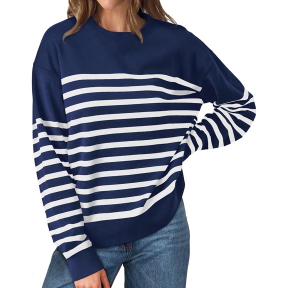 Sweatshirts for Women Crewneck Long Sleeve Striped Tops Lightweight Fashion 2024