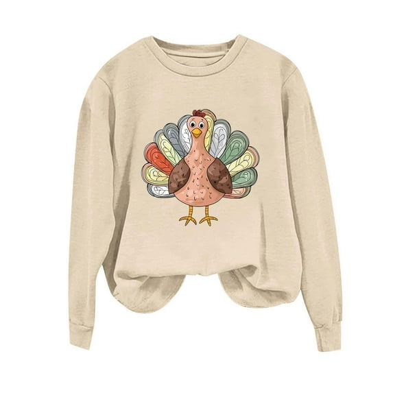 Sweatshirts for Women Crewneck Thanksgiving Turkey Pullover Sweatshirt Light Loose Graphic Pullover Shirts Khaki, L