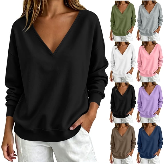 Sweatshirts for Women Deep V Neck Long Sleeve Loose Drop Shoulder Solid Basic Pullover Tops Casual Lounge Sweatshirts