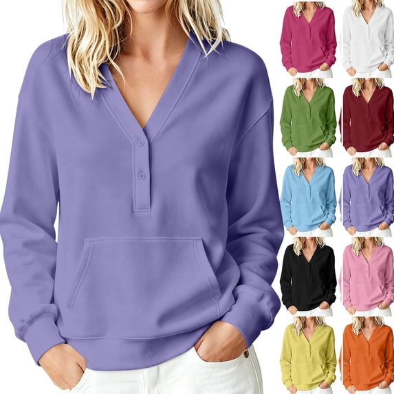 Sweatshirts for Women Dqueduo Women's Casual No-Hood Button-Down V-Neck Pocket Long-Sleeve Sweatshirt Purple L