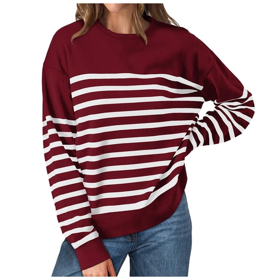 Sweatshirts for Women Fall Relaxed Fit Crewneck Long-sleeved Bubble Cuff Drop Shoulder Striped Leisure Cotton Pullover Pullovers(Wine,L)