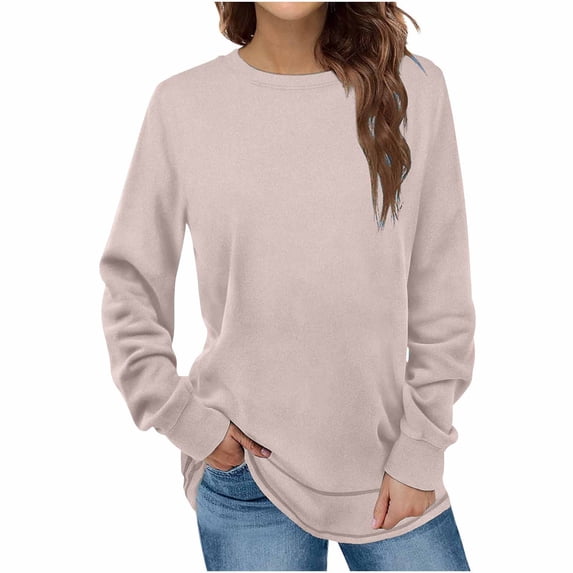 Sweatshirts for Women Fashion Crewneck Long Sleeve Solid Thin Fleece Pullover Loose Casual Cozy Warm Fall Winter Tops (Beige,S)