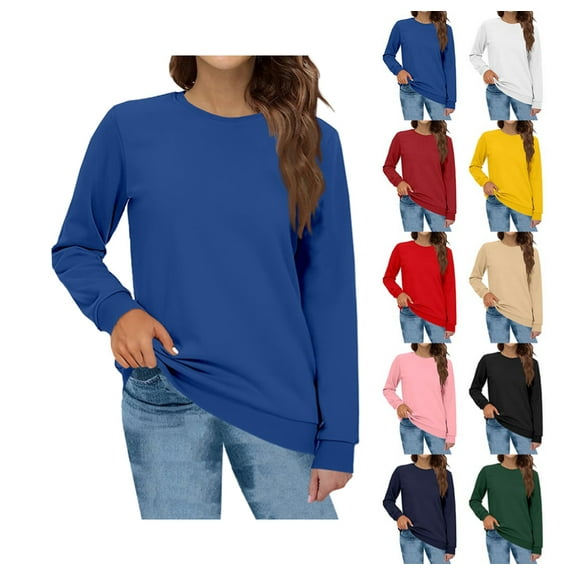 Sweatshirts for Women Fashion Crewneck Long Sleeve Solid Thin Fleece Pullover Loose Casual Cozy Warm Fall Winter Tops Blue L