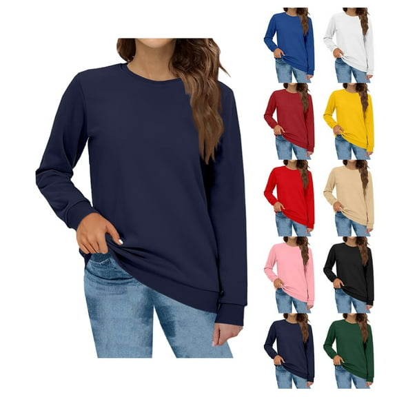 Sweatshirts for Women Fashion Crewneck Long Sleeve Solid Thin Fleece Pullover Loose Casual Cozy Warm Fall Winter Tops Navy XXL