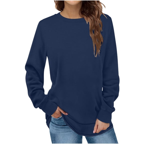 Sweatshirts for Women Fashion Crewneck Long Sleeve Solid Thin Fleece Pullover Loose Casual Cozy Warm Fall Winter Tops (Navy,XXL)