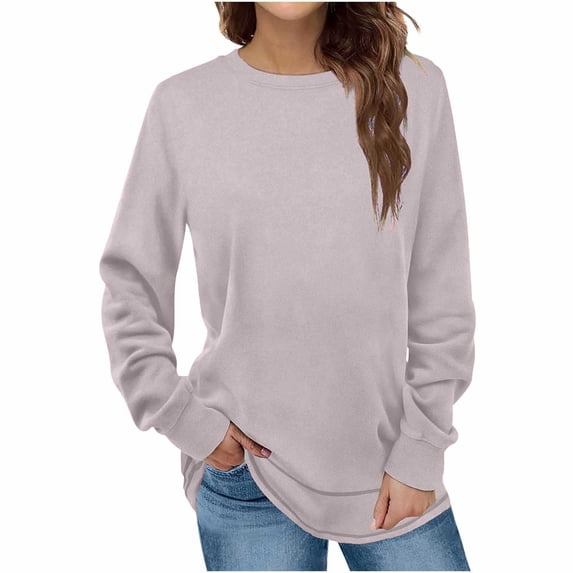 Sweatshirts for Women Fashion Crewneck Long Sleeve Solid Thin Fleece Pullover Loose Casual Cozy Warm Fall Winter Tops (Pink,L)