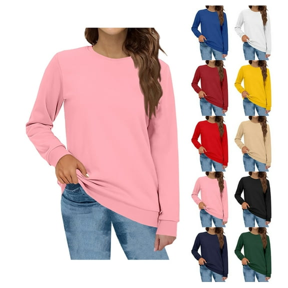 Sweatshirts for Women Fashion Crewneck Long Sleeve Solid Thin Fleece Pullover Loose Casual Cozy Warm Fall Winter Tops Pink XL