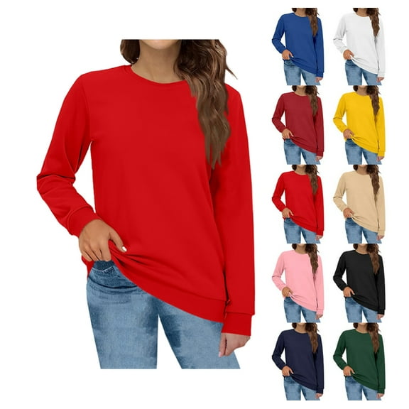 Sweatshirts for Women Fashion Crewneck Long Sleeve Solid Thin Fleece Pullover Loose Casual Cozy Warm Fall Winter Tops Red S