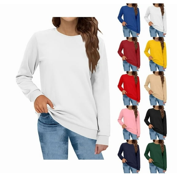 Sweatshirts for Women Fashion Crewneck Long Sleeve Solid Thin Fleece Pullover Loose Casual Cozy Warm Fall Winter Tops White 3XL