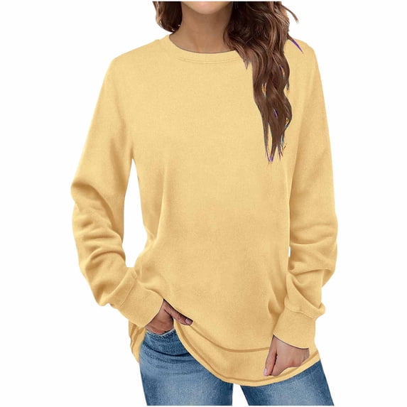 Sweatshirts for Women Fashion Crewneck Long Sleeve Solid Thin Fleece Pullover Loose Casual Cozy Warm Fall Winter Tops (Yellow,S)