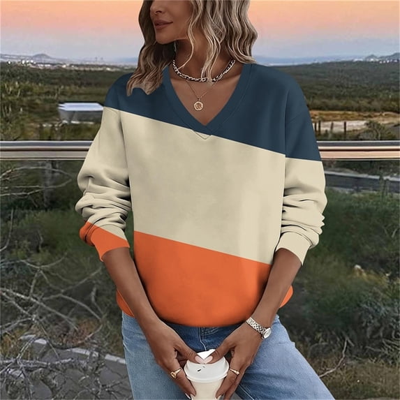 Sweatshirts for Women Fleece Print V-Neck Long Sleeve Casual Pullover Regular Sleeve Winter Top Sweatshirt,Womens Tops Plus Size Orange XXL