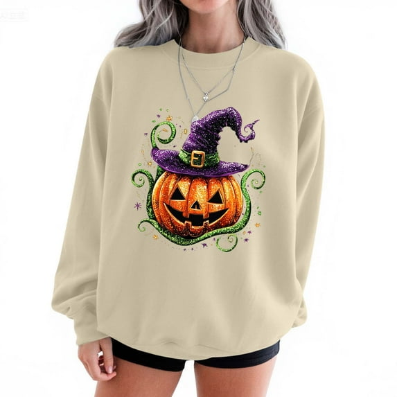 Sweatshirts for Women Halloween Sweatshirts Printed Round Neck Long Sleeved Sweatshirts,Womens Sweatshirtss Beige