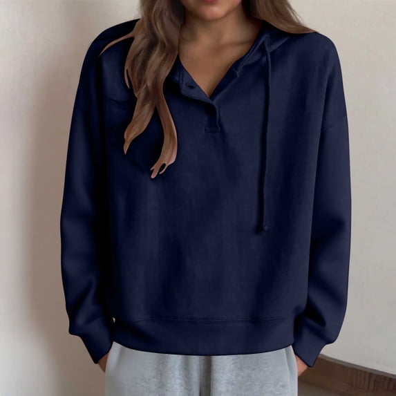 Sweatshirts for Women Hooded Drawstring V-Neck Long Sleeved Casual Loose Solid Sweatshirts,Sweatshirts for Women Navy