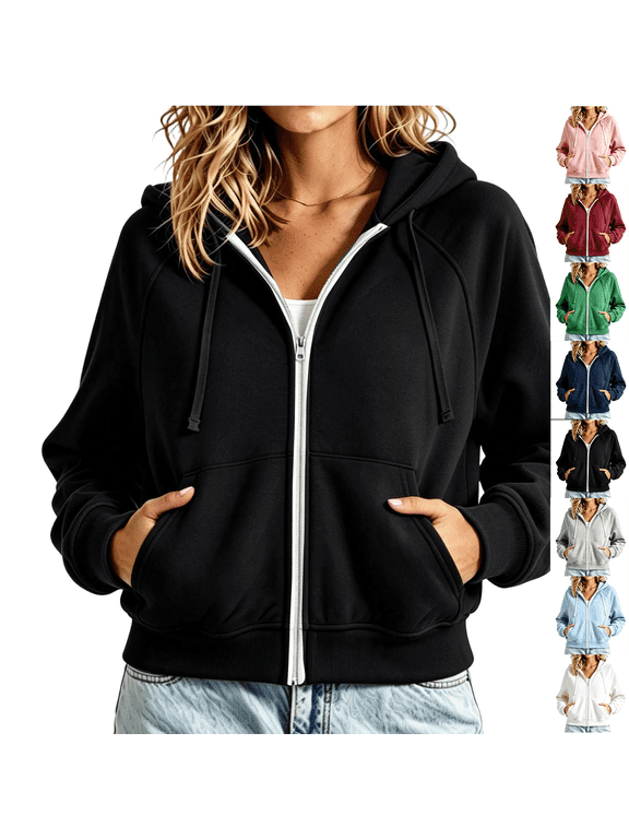 Sweatshirts for Women Hzzrkos Women's Fashion Solid Color Long Sleeve Hooded Pocket Zipper Drawstring Pocket Tops Sweatshirts Black S