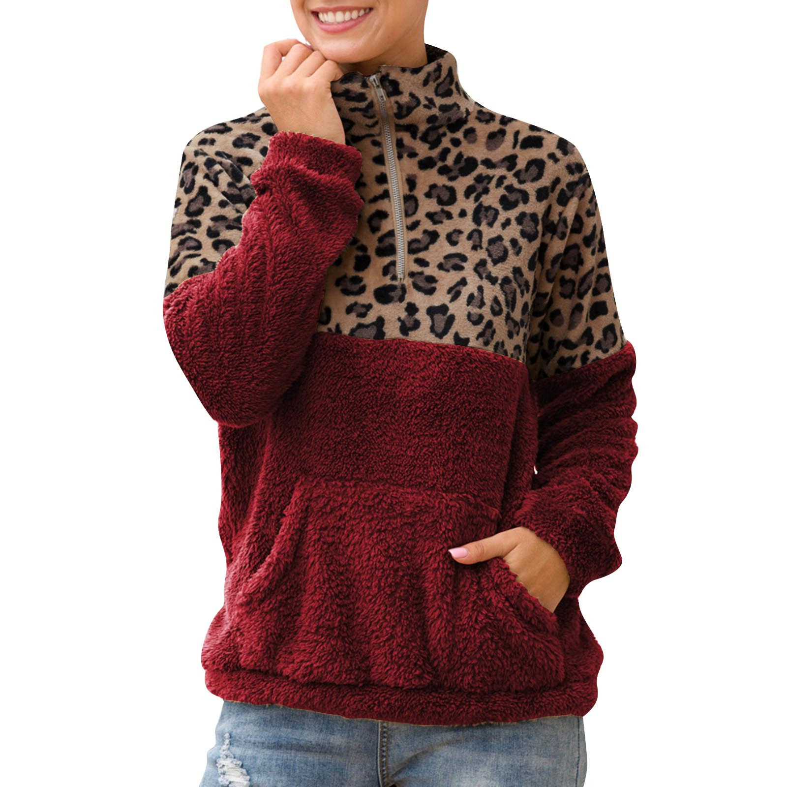 Sweatshirts for Women Leopard Print Stitching Zipper Collar Double