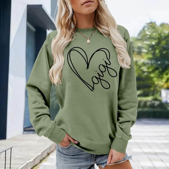 Sweatshirts for Women Long Sleeve Crewneck Stylish Heart Print Loose Casual Pullover Top Green L