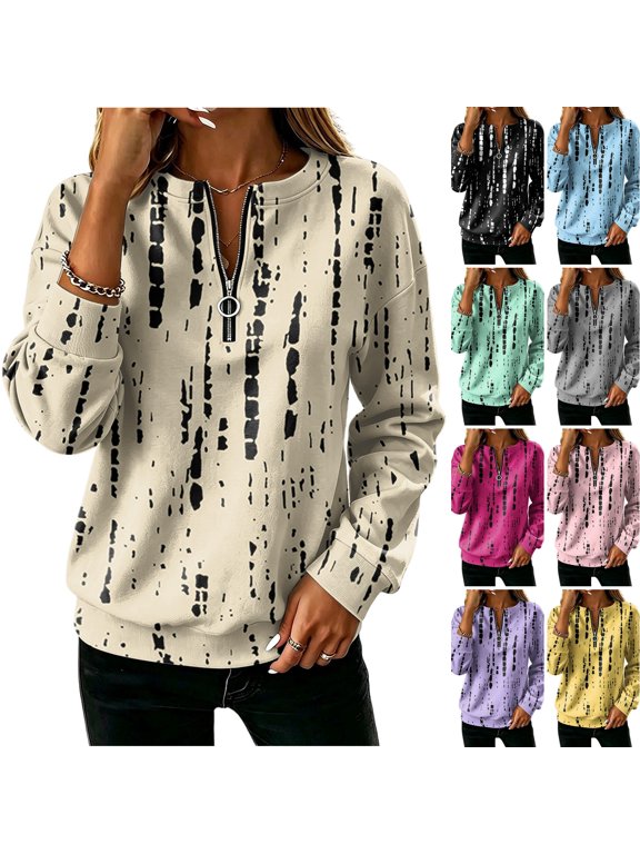 Sweatshirts for Women Long Sleeve Quarter‑zip Loose Fit Cozy Sweatshirts Print Casual Winter Fall 2026 Pullover Tops Khaki S