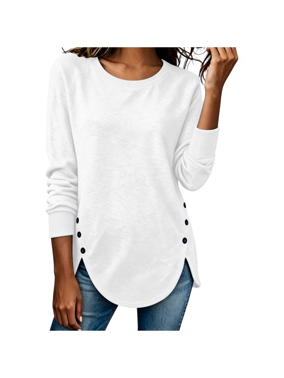 Sweatshirts for Women Long Sleeve Side Slit Button Down Shirts Round Neck Slim Fit Solid Color Casual Pullover Tops