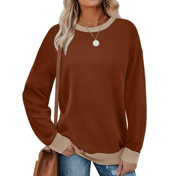 Sweatshirts for Women Loose Fit Color Block Pullover Casual Ribbed Long Sleeve Crewneck Sweatshirt Fashion Tops