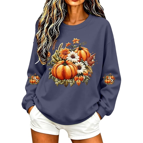 Sweatshirts for Women Loose Fit Fall Cute Pumpkin Graphic Crewneck Long Sleeve Stretchy XXL