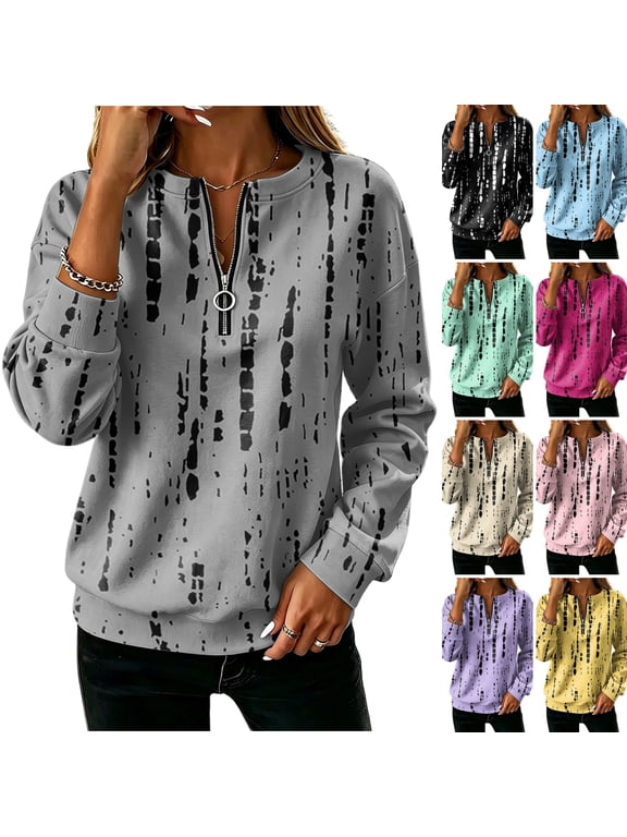 Sweatshirts for Women Loose Fit Long Sleeve Quarter‑zip Print Work Pullover Tops Loose Fit Winter Soft Casual Teacher Sweatshirts Gray 2XL