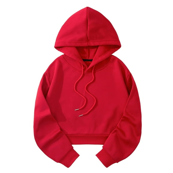 Sweatshirts for Women Loose Fit Winter Slim Fitted Hooded Long Sleeve Rolled Cold Shoulder Hoody Solid Color Leisure Polyester Hoodies (Red,L)