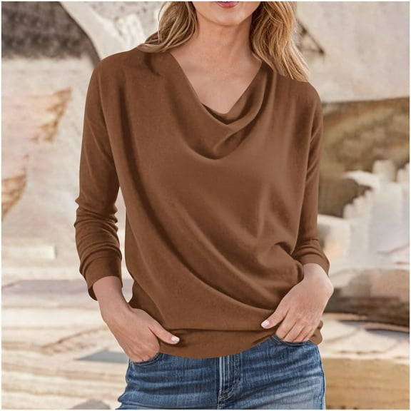 Sweatshirts for Women Pleated Collar V-Neck Solid Color Casual Loose Long-sleeved Top,Tops for Women Brown