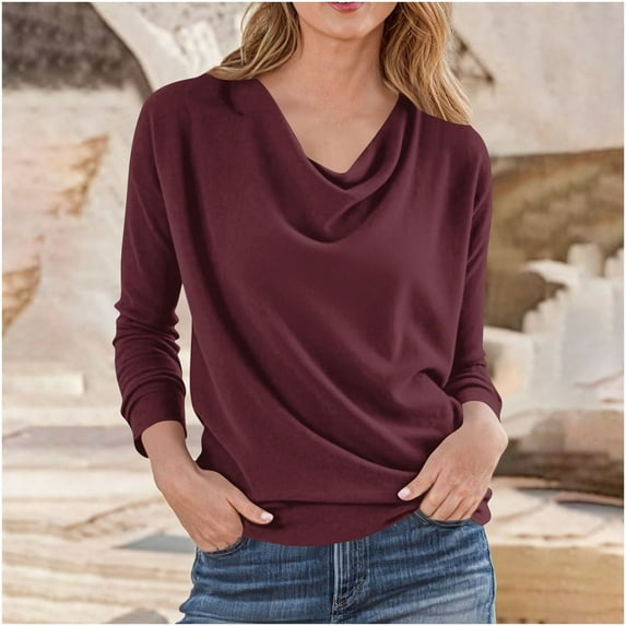 Sweatshirts for Women Pleated Collar V-Neck Solid Color Casual Loose Long-sleeved Top,Tops for Women Wine