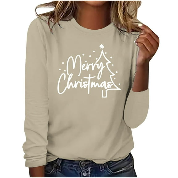 Sweatshirts for Women Plus Size Christmas Crew Neck Pullover Tops Casual Loose Graphic Long Sleeve Shirt (Beige S)