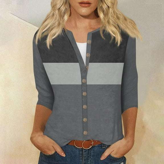 Sweatshirts for Women Plus Size 3/4 Sleeves Buttons Loose T-shirt Patchwork Round Neck Coats Blouse Printed Tops Gray L