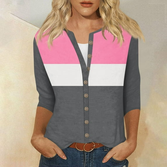 Sweatshirts for Women Plus Size Clearance 3/4 Sleeves Buttons Loose T-shirt Patchwork Round Neck Coats Blouse Printed Tops Pink L