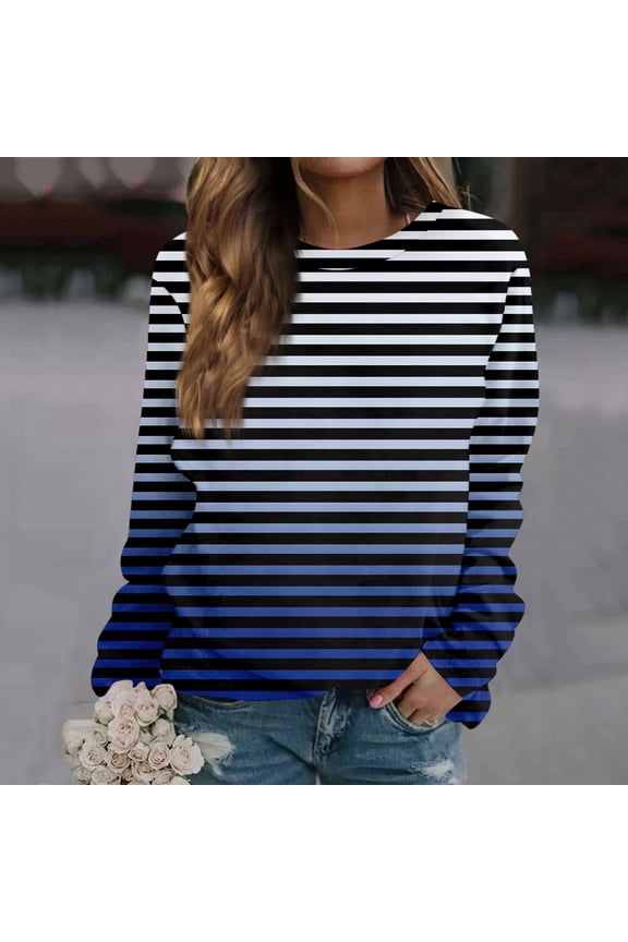 Sweatshirts for Women Plus Size Gradient Striped Long Sleeved Round Neck Casual Printed Sweatshirt Blue L