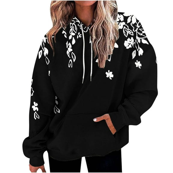 Sweatshirts for Women Plus Size Clearance Hooded Long Sleeved Pocket Hoodie Loose Fitting Sports Sweatshirts Black 3XL
