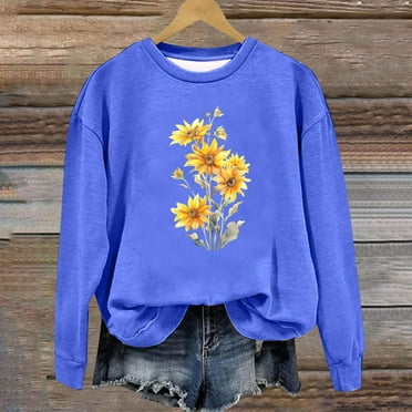 Sweatshirts for Women Plus Size Clearance Long Sleeve Round Neck Flower Casual Printed Pullover Sweatshirt Blue L