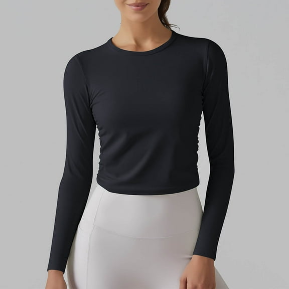 Sweatshirts for Women Plus Size Solid Color Round Neck Long Sleeved Yoga Shirt Black L