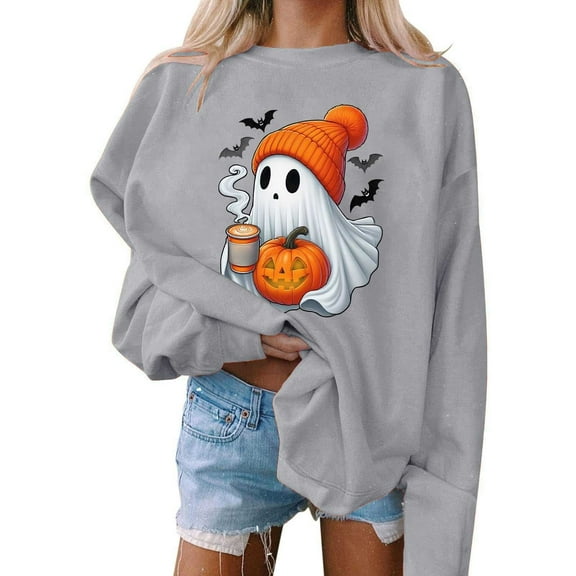 Sweatshirts for Women Plus Size Halloween Printed Round Neck Long Sleeved Sweatshirts,Tops for Women Gray XL