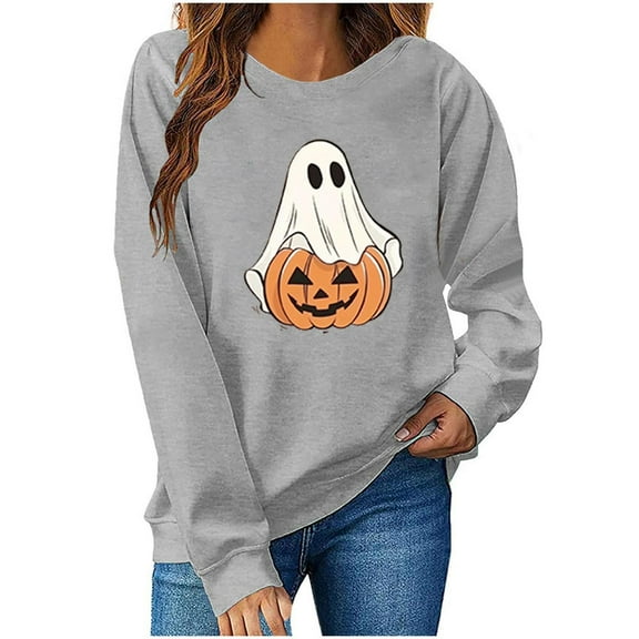 Sweatshirts for Women Plus Size Halloween Printed Round Neck Long Sleeved Sweatshirts,Tops for Women Gray XL