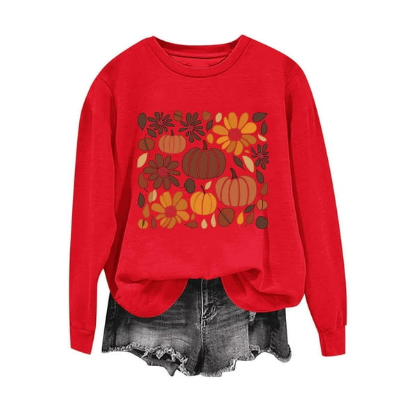 Sweatshirts for Women Plus Size Halloween Pumpkin Printed Thanksgiving Day Long Sleeved Loose Casual Sweatshirt,Tops for Women Red XL