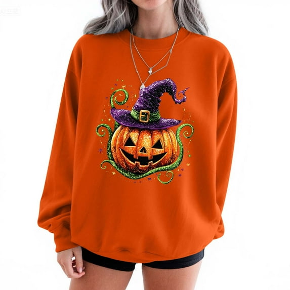 Sweatshirts for Women Plus Size Halloween Printed Round Neck Long Sleeved Sweatshirts,Tops for Women Orange XL