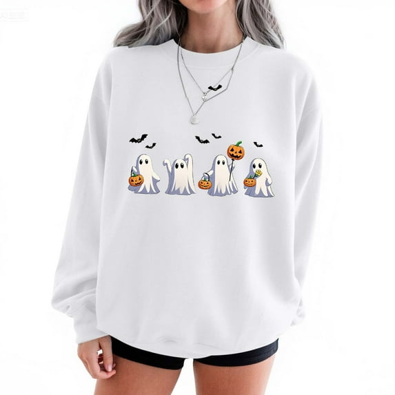 Sweatshirts for Women Plus Size Halloween Printed Round Neck Long Sleeved Sweatshirts,Tops for Women White XL
