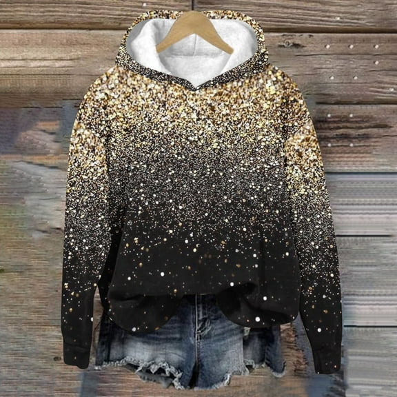 Plus Size Womens Sweatshirts Hooded Crewneck Long Sleeved Casual Printed Loose Sweatshirts Gold M
