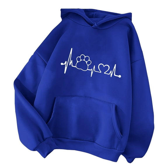 Sweatshirts for Women Plus Size Hooded Long Sleeved Pocket Dog Paw Print Printed Sweatshirt Blue XL