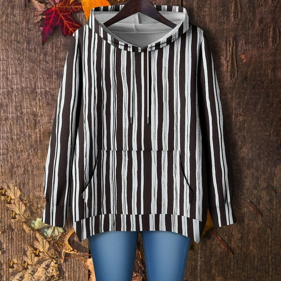 Sweatshirts for Women Plus Size Hooded Pocket Long Sleeved Stripe Print Loose Off Shoulder Sweatshirt Black XL