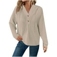 thumbnail image 1 of Sweatshirts for Women Plus Size Long Sleeve V Neck Button Up Drwastring Casual Loose Solid Color Raglan Hooded Pullover Tops,Beige,S, 1 of 5