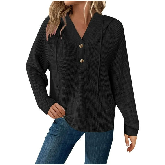 Sweatshirts for Women Plus Size Long Sleeve V Neck Button Up Drwastring Casual Loose Solid Color Raglan Hooded Pullover Tops,Black,M